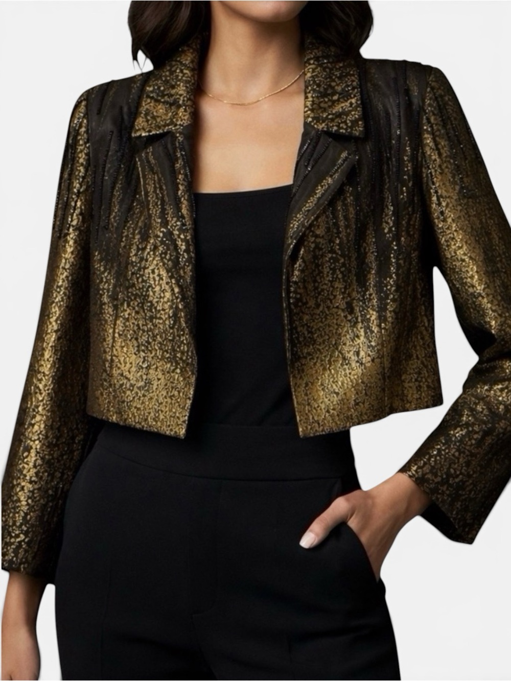 Carmen Marc Valvo Collection Cropped Evening Jacket Size 10 Gold Black Beaded
